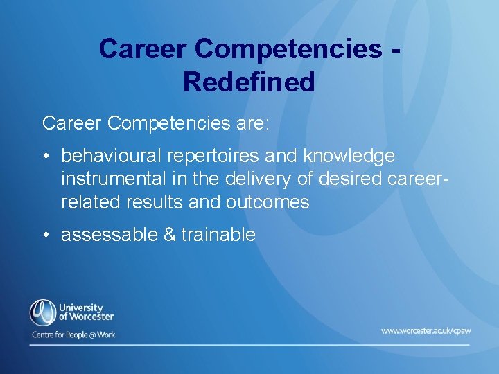 Career Competencies Redefined Career Competencies are: • behavioural repertoires and knowledge instrumental in the