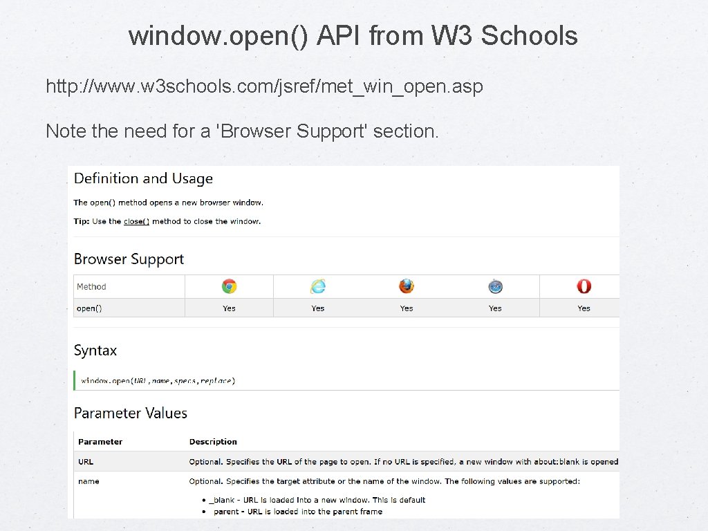 window. open() API from W 3 Schools http: //www. w 3 schools. com/jsref/met_win_open. asp