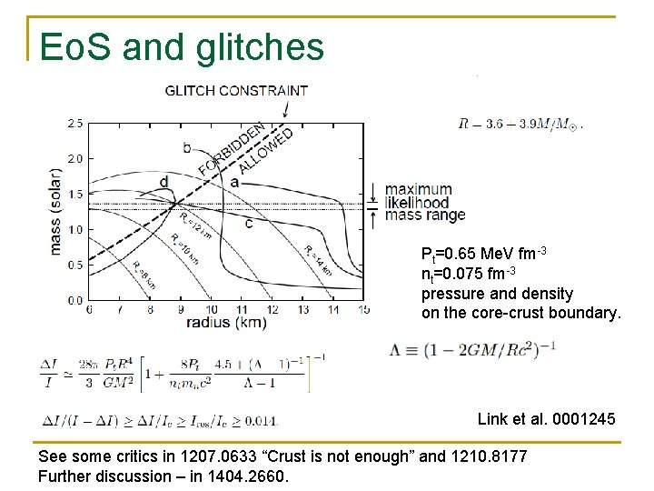 Eo. S and glitches Pt=0. 65 Me. V fm-3 nt=0. 075 fm-3 pressure and