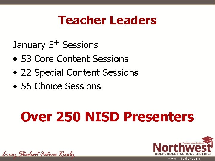 Teacher Leaders January 5 th Sessions • 53 Core Content Sessions • 22 Special