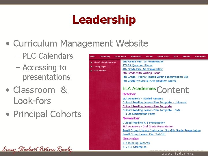 Leadership • Curriculum Management Website – PLC Calendars – Accessing to presentations • Classroom