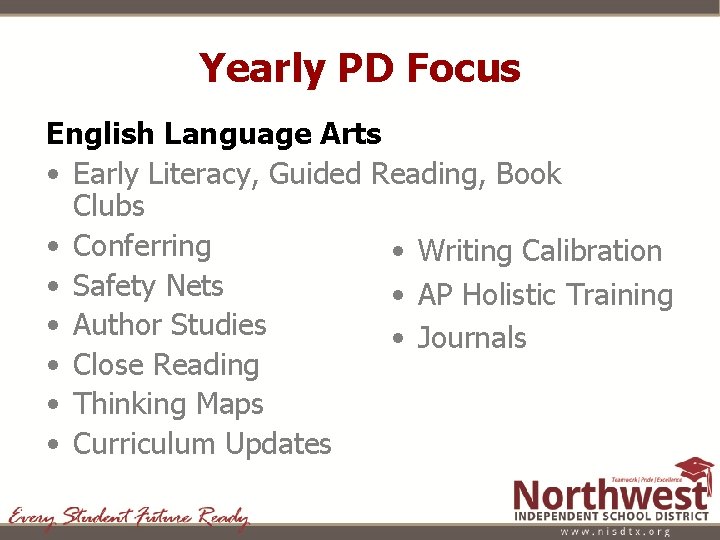 Yearly PD Focus English Language Arts • Early Literacy, Guided Reading, Book Clubs •
