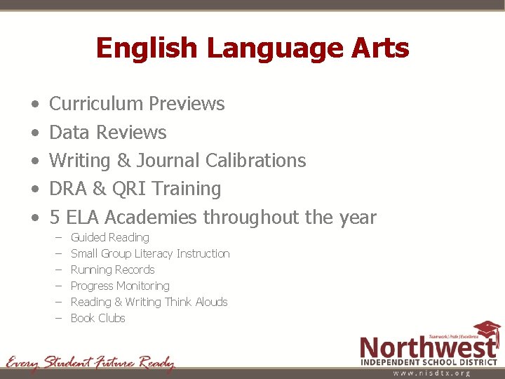 English Language Arts • • • Curriculum Previews Data Reviews Writing & Journal Calibrations