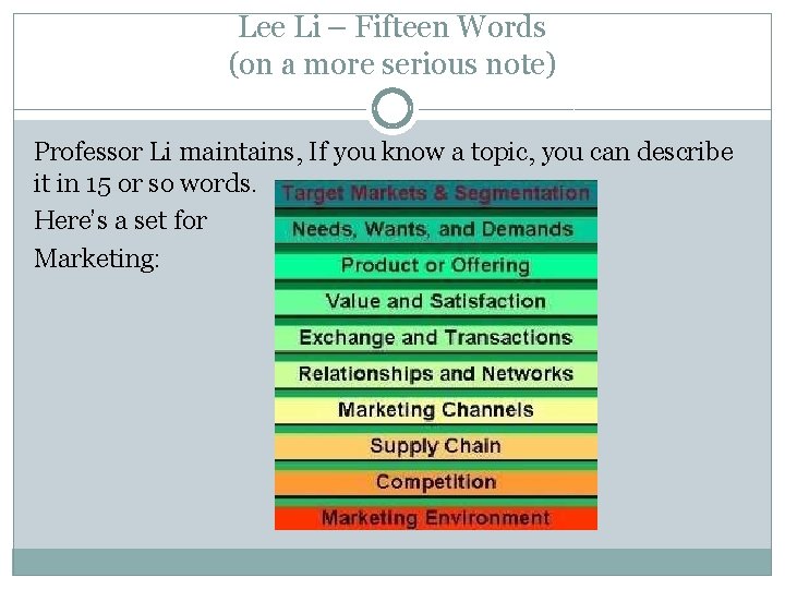 Lee Li – Fifteen Words (on a more serious note) Professor Li maintains, If