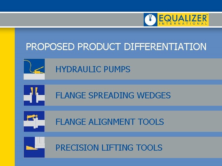 PROPOSED PRODUCT DIFFERENTIATION HYDRAULIC PUMPS FLANGE SPREADING WEDGES FLANGE ALIGNMENT TOOLS PRECISION LIFTING TOOLS