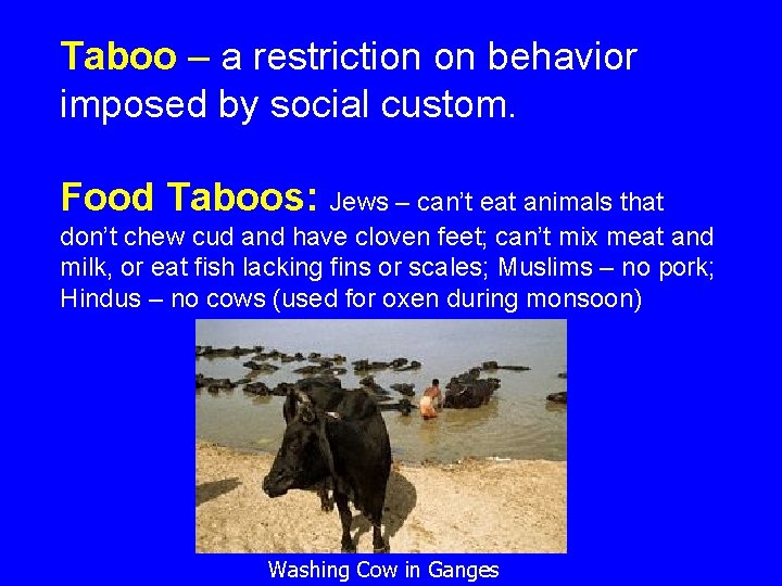Taboo – a restriction on behavior imposed by social custom. Food Taboos: Jews –