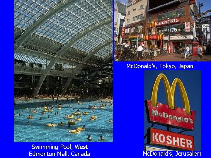 Mc. Donald’s, Tokyo, Japan Swimming Pool, West Edmonton Mall, Canada Mc. Donald’s, Jerusalem 