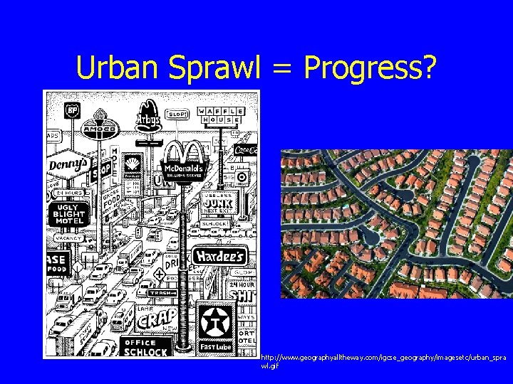 Urban Sprawl = Progress? http: //www. geographyalltheway. com/igcse_geography/imagesetc/urban_spra wl. gif 