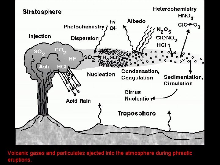 Volcanic gases and particulates ejected into the atmosphere during phreatic eruptions. 