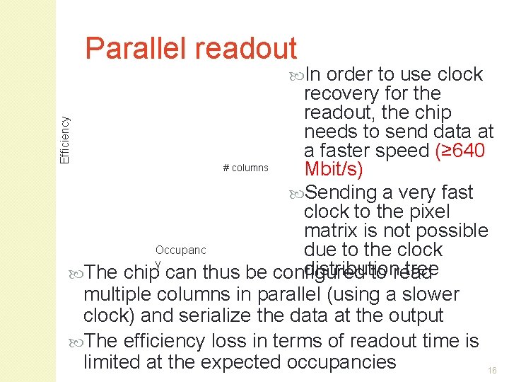 Parallel readout In order to use clock Efficiency recovery for the readout, the chip