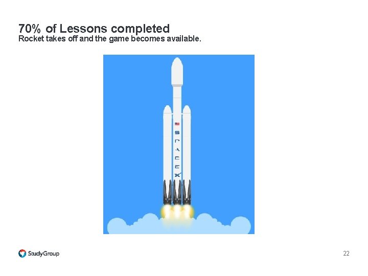 70% of Lessons completed Rocket takes off and the game becomes available. 22 70% of Lessons completed Rocket takes off and the game becomes available. 22
