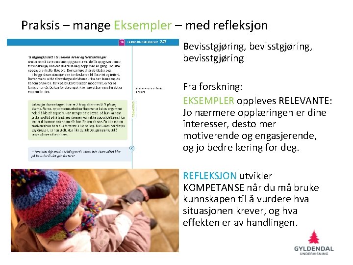 Praksis – mange Eksempler – med refleksjon Bevisstgjøring, bevisstgjøring Fra forskning: EKSEMPLER oppleves RELEVANTE: