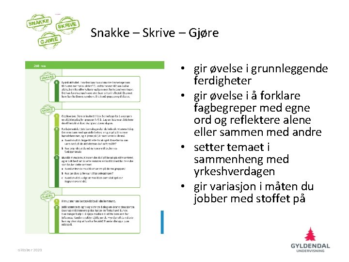 Snakke – Skrive – Gjøre • gir øvelse i grunnleggende ferdigheter • gir øvelse