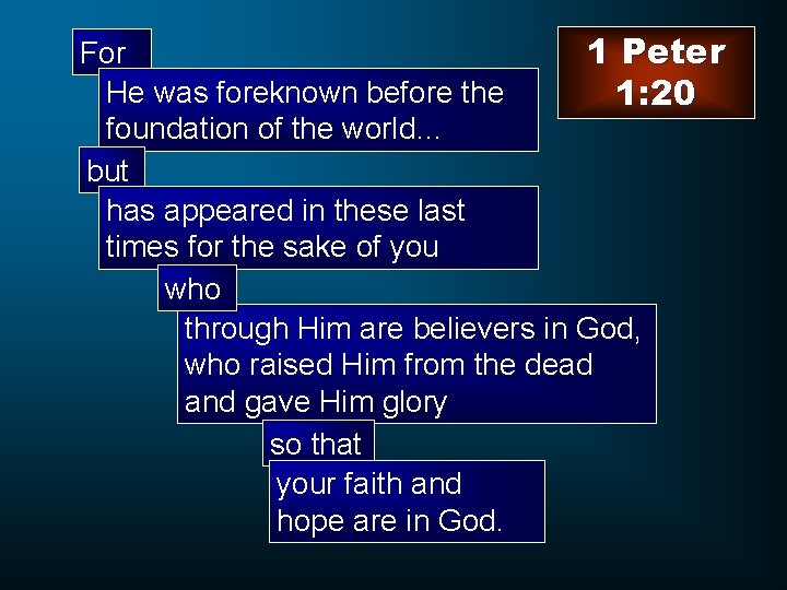 1 Peter For He was foreknown before the 1: 20 foundation of the world…