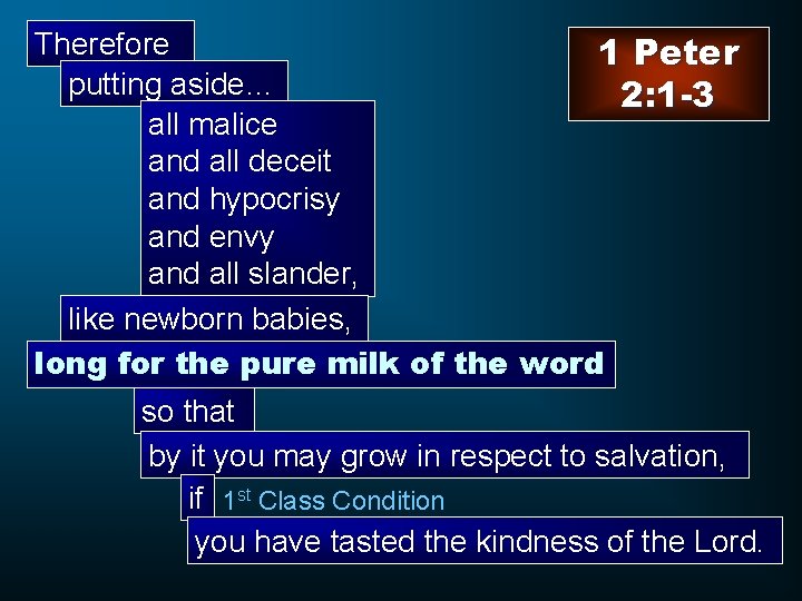 Therefore 1 Peter putting aside… 2: 1 -3 all malice and all deceit and