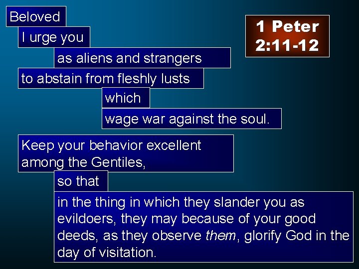 Beloved 1 Peter I urge you 2: 11 -12 as aliens and strangers to