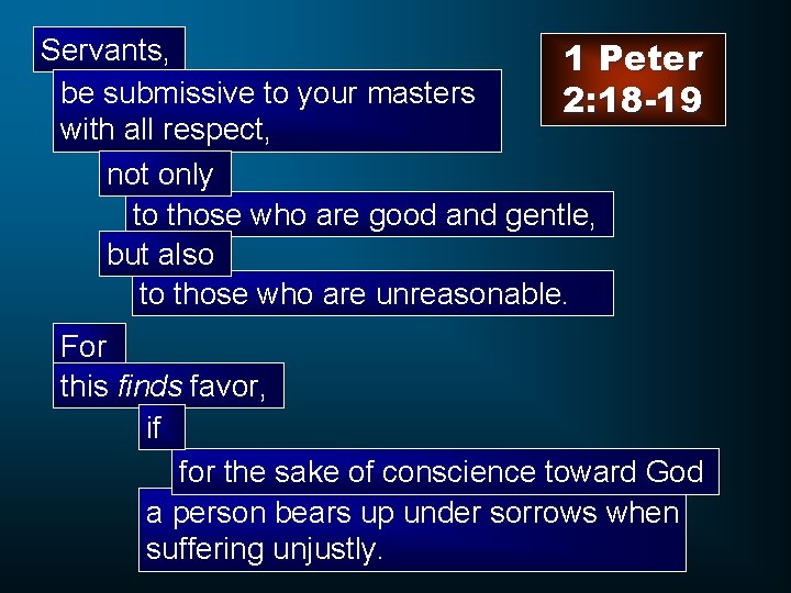 Servants, 1 Peter be submissive to your masters 2: 18 -19 with all respect,