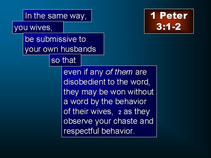 In the same way, 1 Peter 3: 1 -2 you wives, be submissive to