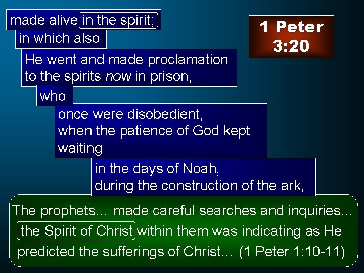 made alive in the spirit; 1 Peter in which also 3: 20 He went