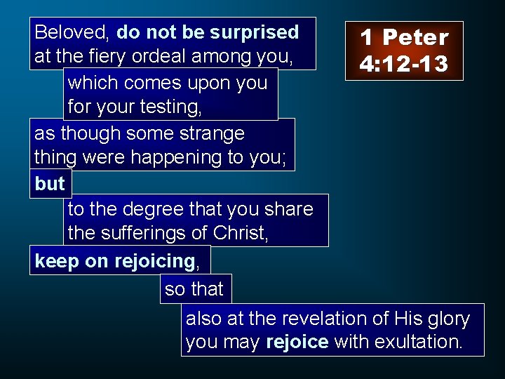 Beloved, do not be surprised 1 Peter at the fiery ordeal among you, 4: