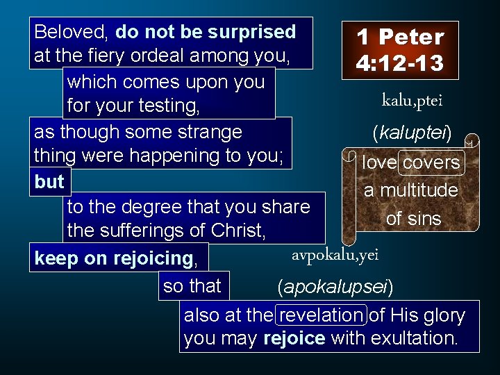 Beloved, do not be surprised 1 Peter at the fiery ordeal among you, 4: