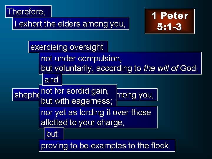 Therefore, I exhort the elders among you, 1 Peter 5: 1 -3 exercising oversight