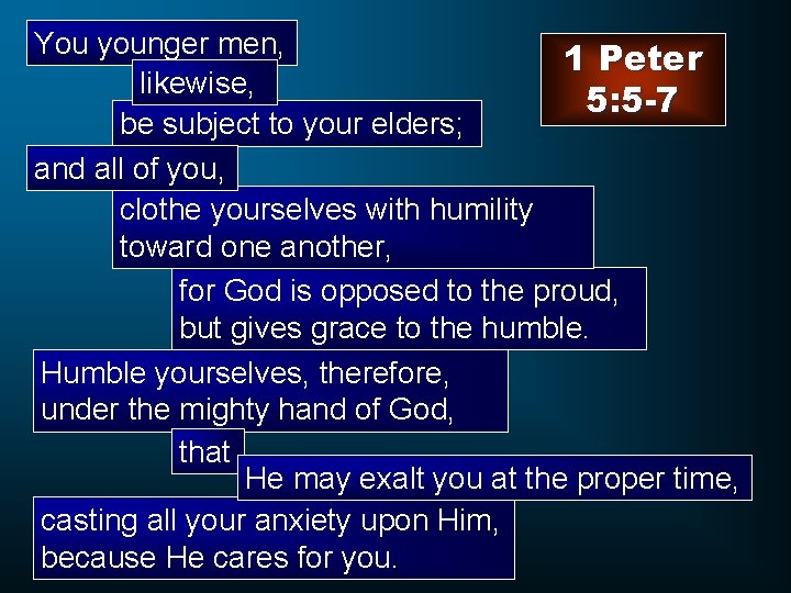 You younger men, 1 Peter likewise, 5: 5 -7 be subject to your elders;