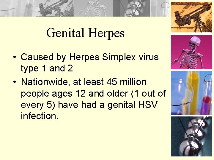 Genital Herpes • Caused by Herpes Simplex virus type 1 and 2 • Nationwide,