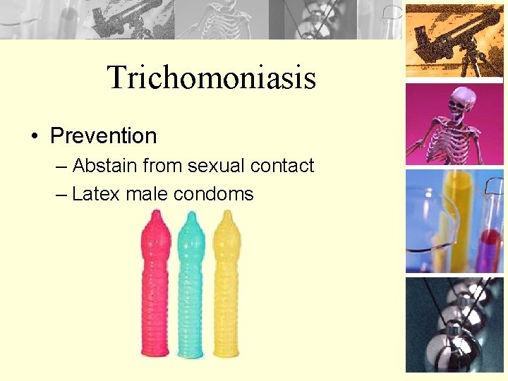 Trichomoniasis • Prevention – Abstain from sexual contact – Latex male condoms 