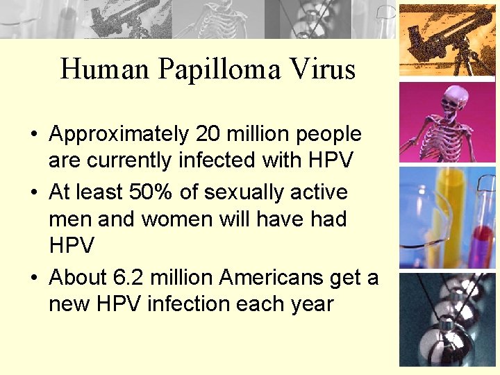Human Papilloma Virus • Approximately 20 million people are currently infected with HPV •