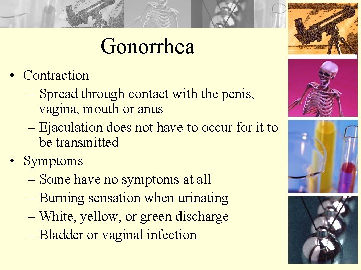 Gonorrhea • Contraction – Spread through contact with the penis, vagina, mouth or anus