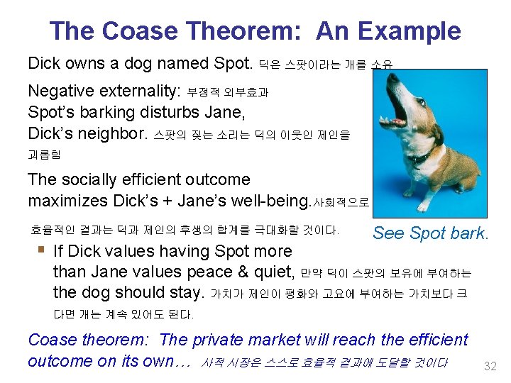 The Coase Theorem: An Example Dick owns a dog named Spot. 딕은 스팟이라는 개를