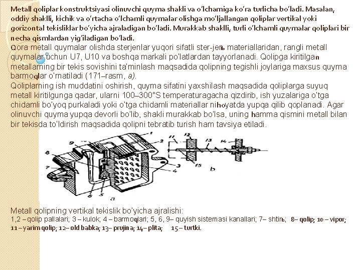 Metall qoliplar konstruktsiyasi olinuvchi quyma shakli va o’lchamiga ko’ra turlicha bo’ladi. Masalan, oddiy shaklli,