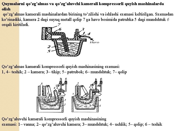 Quymalarni qo’zg’almas va qo’zg’aluvchi kamerali kompressorli quyish mashinalarda olish qo’zg’almas kamerali mashinalardan birining to’zilishi