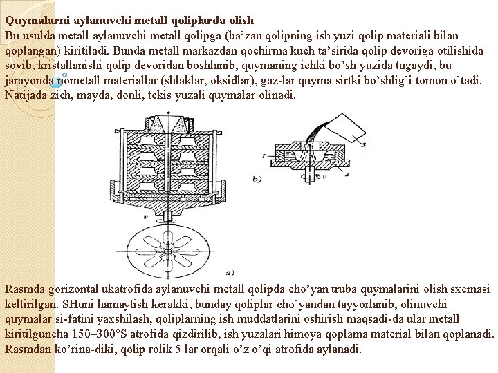 Quymalarni aylanuvchi metall qoliplarda olish Bu usulda metall aylanuvchi metall qolipga (ba’zan qolipning ish