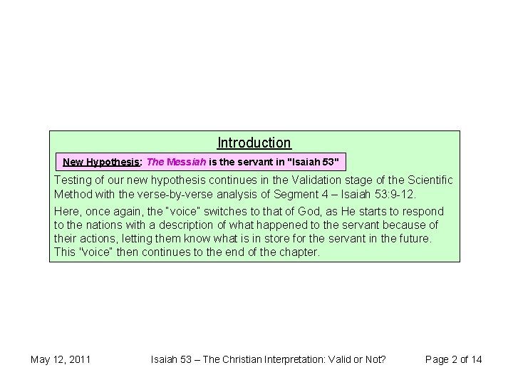 Introduction New Hypothesis: The Messiah is the servant in "Isaiah 53" Testing of our