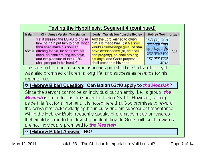 Testing the Hypothesis: Segment 4 (continued) This verse describes a servant who was punished
