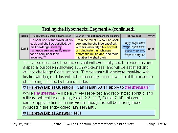 Testing the Hypothesis: Segment 4 (continued) This verse describes how the servant will eventually