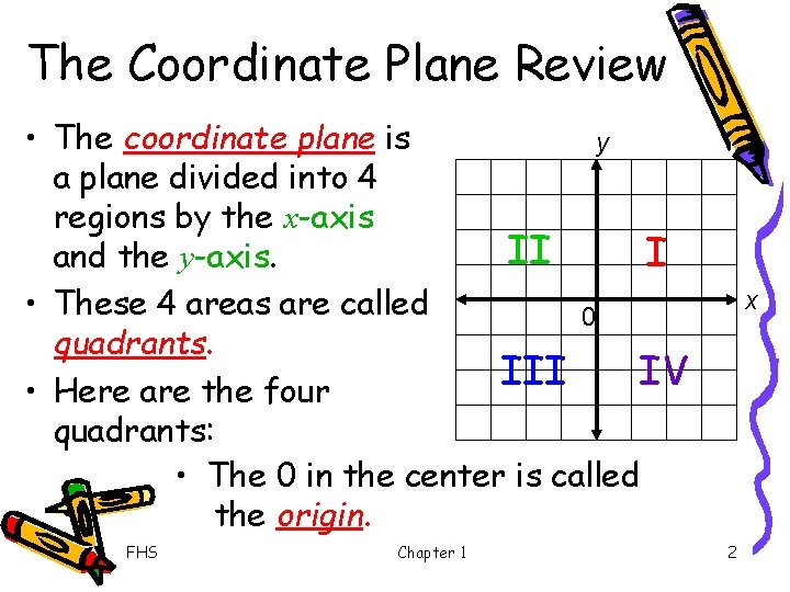 The Coordinate Plane Review • The coordinate plane is y a plane divided into