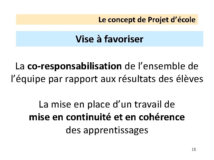 Le concept de Projet d’école Vise à favoriser La co-responsabilisation de l’ensemble de l’équipe