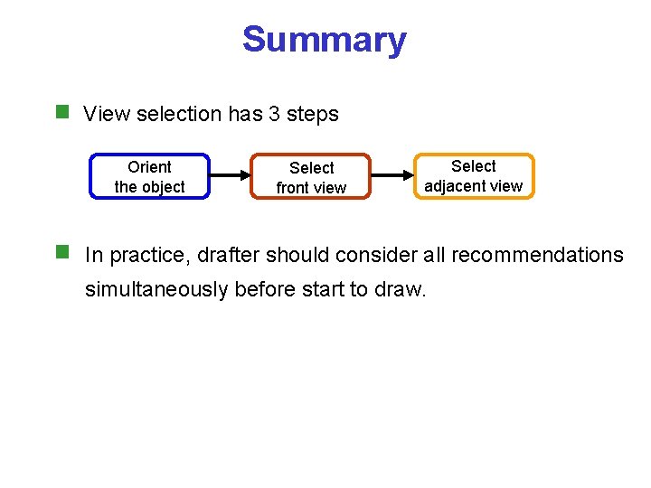 Summary View selection has 3 steps Orient the object Select front view Select adjacent