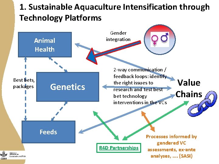1. Sustainable Aquaculture Intensification through Technology Platforms Animal Health Best bets, packages Genetics Gender