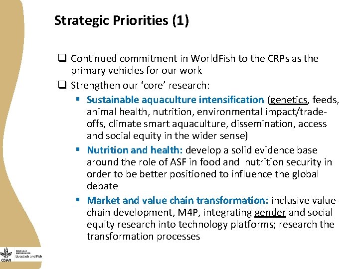 Strategic Priorities (1) q Continued commitment in World. Fish to the CRPs as the