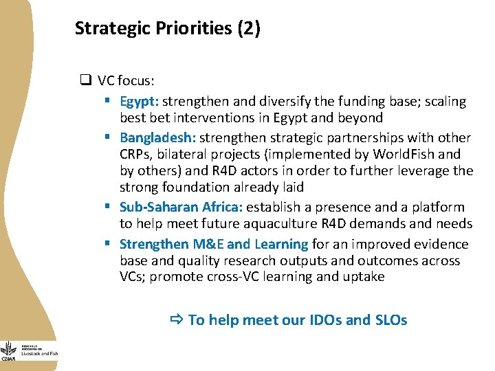 Strategic Priorities (2) q VC focus: § Egypt: strengthen and diversify the funding base;