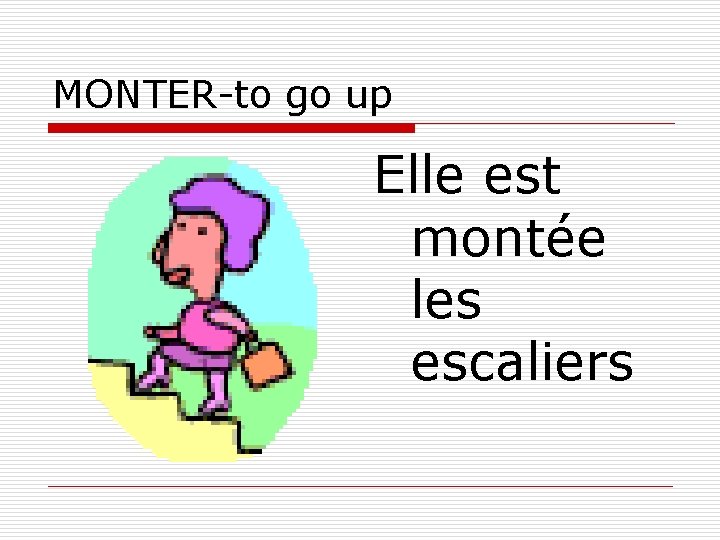 MONTER-to go up Elle est montée les escaliers 