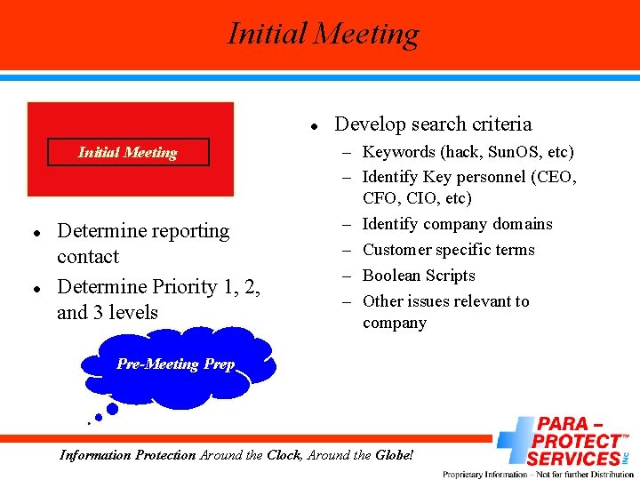 Initial Meeting l l Determine reporting contact Determine Priority 1, 2, and 3 levels