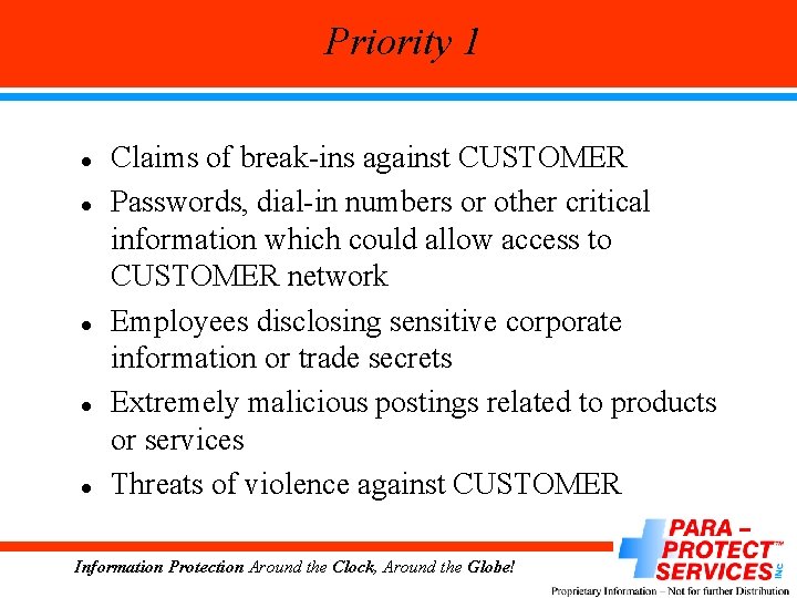 Priority 1 l l l Claims of break-ins against CUSTOMER Passwords, dial-in numbers or