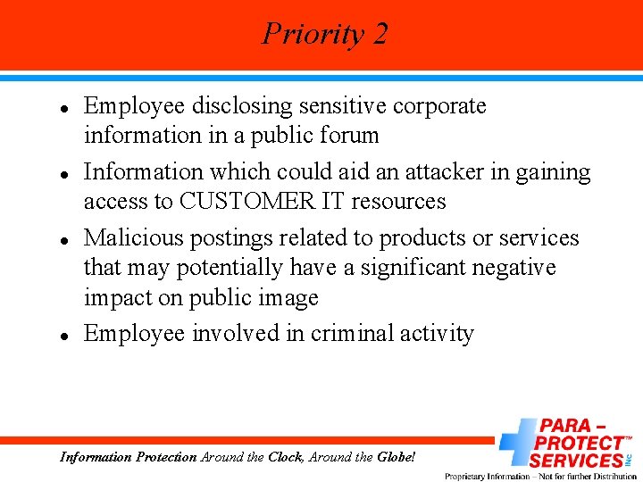 Priority 2 l l Employee disclosing sensitive corporate information in a public forum Information