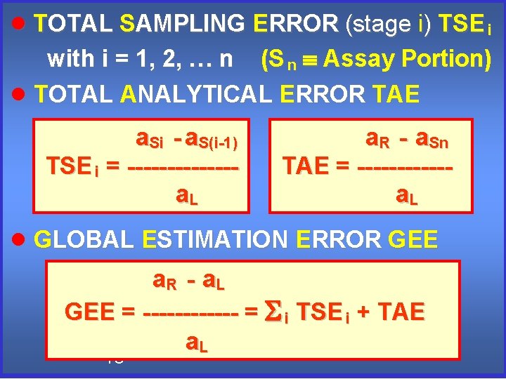 TOTAL SAMPLING ERROR (stage i) TSE i with i = 1, 2, … n TOTAL SAMPLING ERROR (stage i) TSE i with i = 1, 2, … n