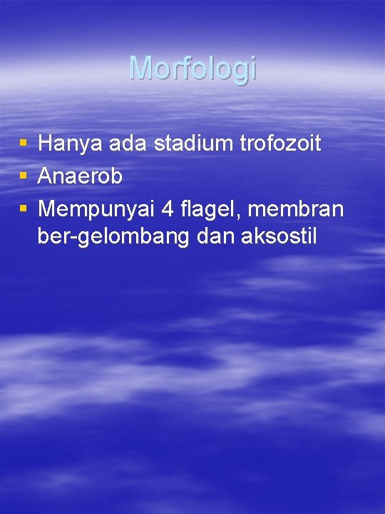 Morfologi § § § Hanya ada stadium trofozoit Anaerob Mempunyai 4 flagel, membran ber-gelombang